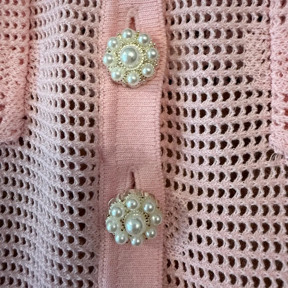 Self-Portrait Pink Short-Sleeve Knit Pocket Dress with Pearl Buttons - Picture 5 of 9